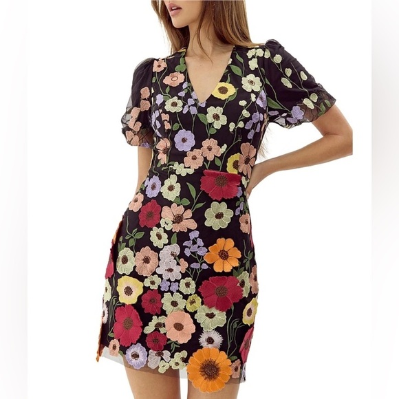 Adelyn Rae 3D Floral Embroidered Mesh V-Neck Short Sleeve Mini Dress Small NWT - Picture 1 of 8